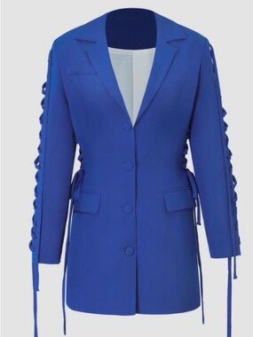 Lace-Up Sleeve Mini Dress Blazer in Royal Blue